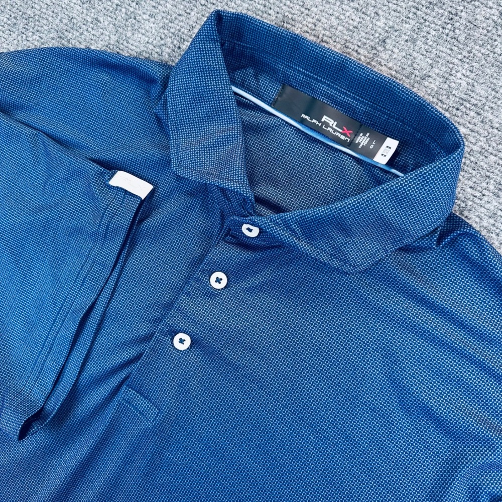 RLX Ralph Lauren Mens L Blue Geometric Print Polo Shirt Half Moon Bay Golf Links